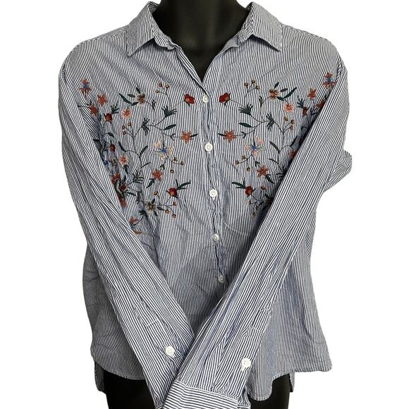 Beach Lunch Lounge Women M Button Up Shirt Floral Striped Long Sleeve Blue - Picture 1 of 6